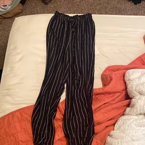 xs black & white striped pants with a synched waist